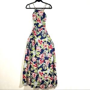 Lulu’s Blue Floral Print Maxi Dress Criss Cross Low Back Small